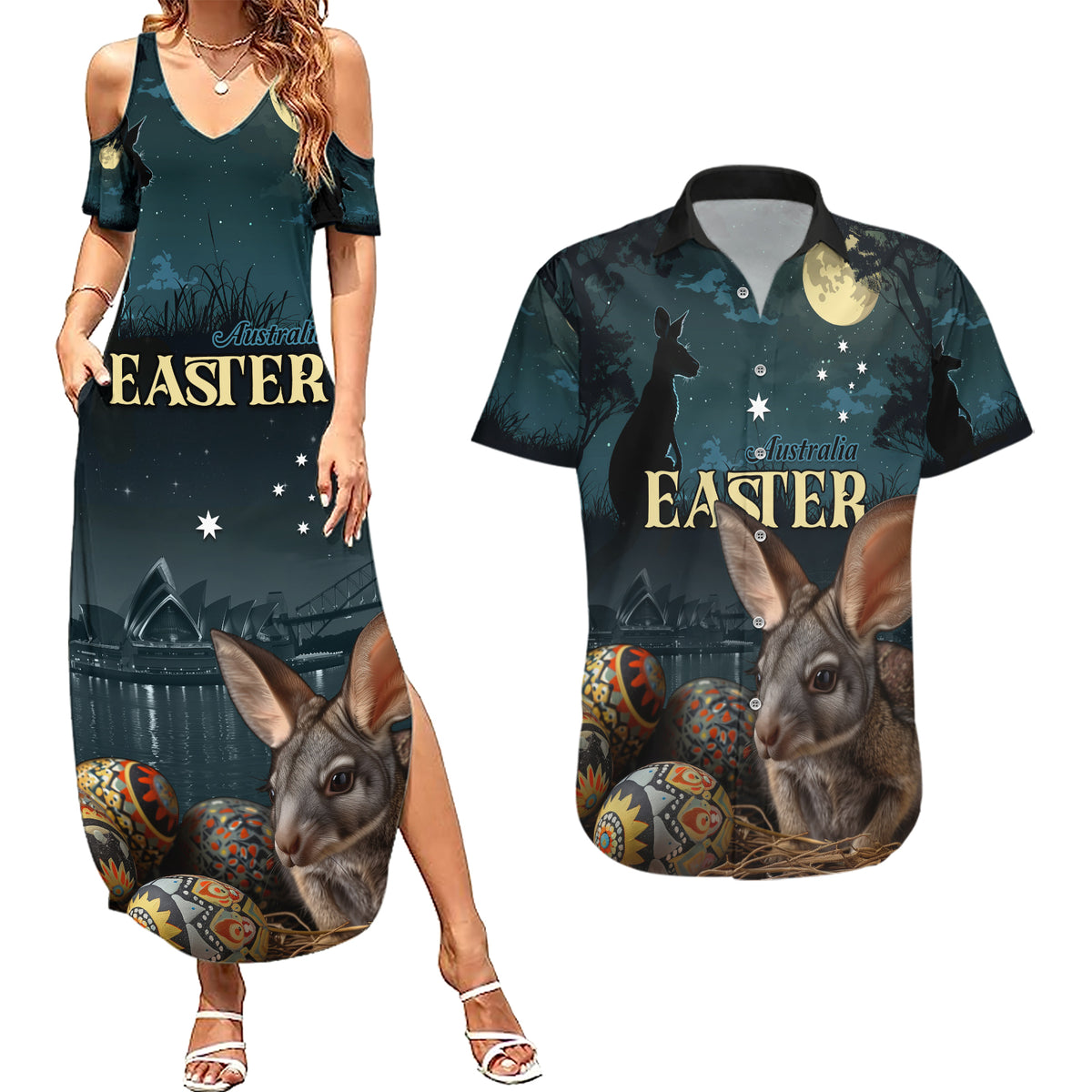 Australia Easter 2024 Couples Matching Summer Maxi Dress and Hawaiian Shirt Bunny With Aboriginal Eggs At Starry Night - Wonder Print Shop