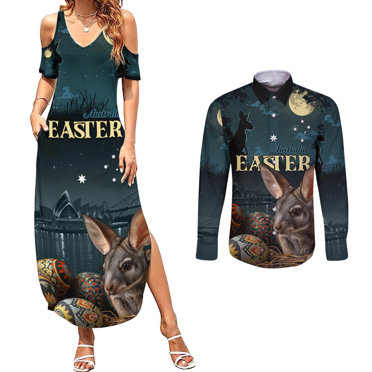 Australia Easter 2024 Couples Matching Summer Maxi Dress and Long Sleeve Button Shirt Bunny With Aboriginal Eggs At Starry Night - Wonder Print Shop