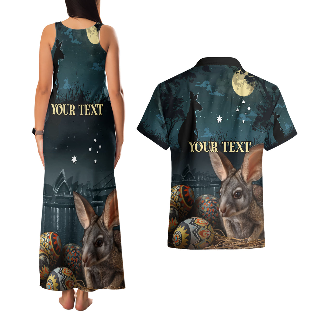 Australia Easter 2024 Couples Matching Tank Maxi Dress and Hawaiian Shirt Bunny With Aboriginal Eggs At Starry Night - Wonder Print Shop