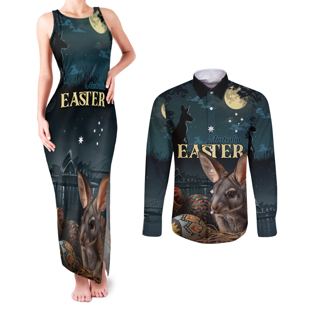 Australia Easter 2024 Couples Matching Tank Maxi Dress and Long Sleeve Button Shirt Bunny With Aboriginal Eggs At Starry Night - Wonder Print Shop