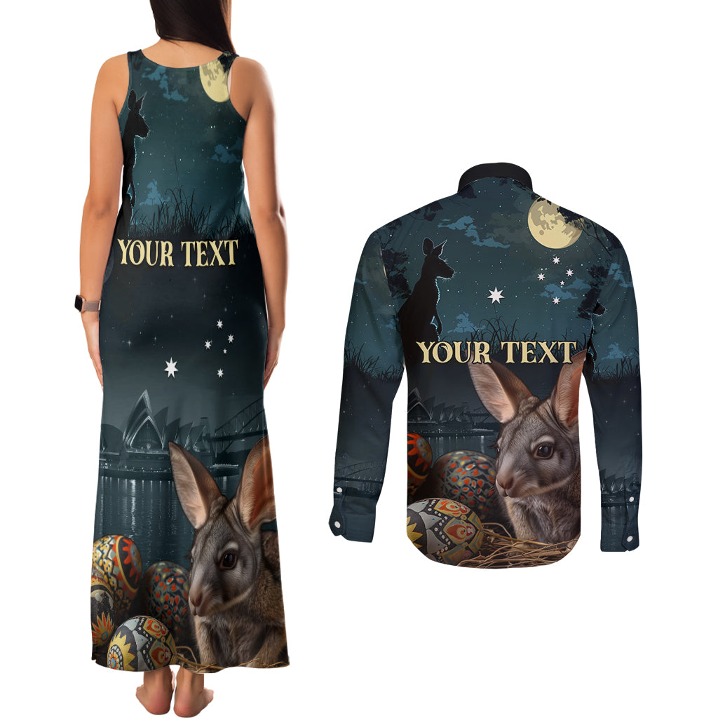 Australia Easter 2024 Couples Matching Tank Maxi Dress and Long Sleeve Button Shirt Bunny With Aboriginal Eggs At Starry Night - Wonder Print Shop