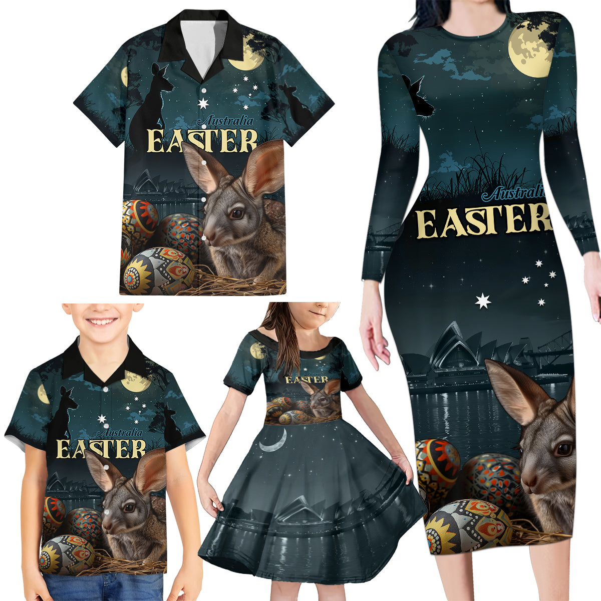 Australia Easter 2024 Family Matching Long Sleeve Bodycon Dress and Hawaiian Shirt Bunny With Aboriginal Eggs At Starry Night - Wonder Print Shop