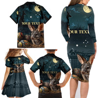 Australia Easter 2024 Family Matching Long Sleeve Bodycon Dress and Hawaiian Shirt Bunny With Aboriginal Eggs At Starry Night - Wonder Print Shop
