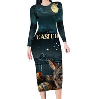 Australia Easter 2024 Family Matching Long Sleeve Bodycon Dress and Hawaiian Shirt Bunny With Aboriginal Eggs At Starry Night - Wonder Print Shop