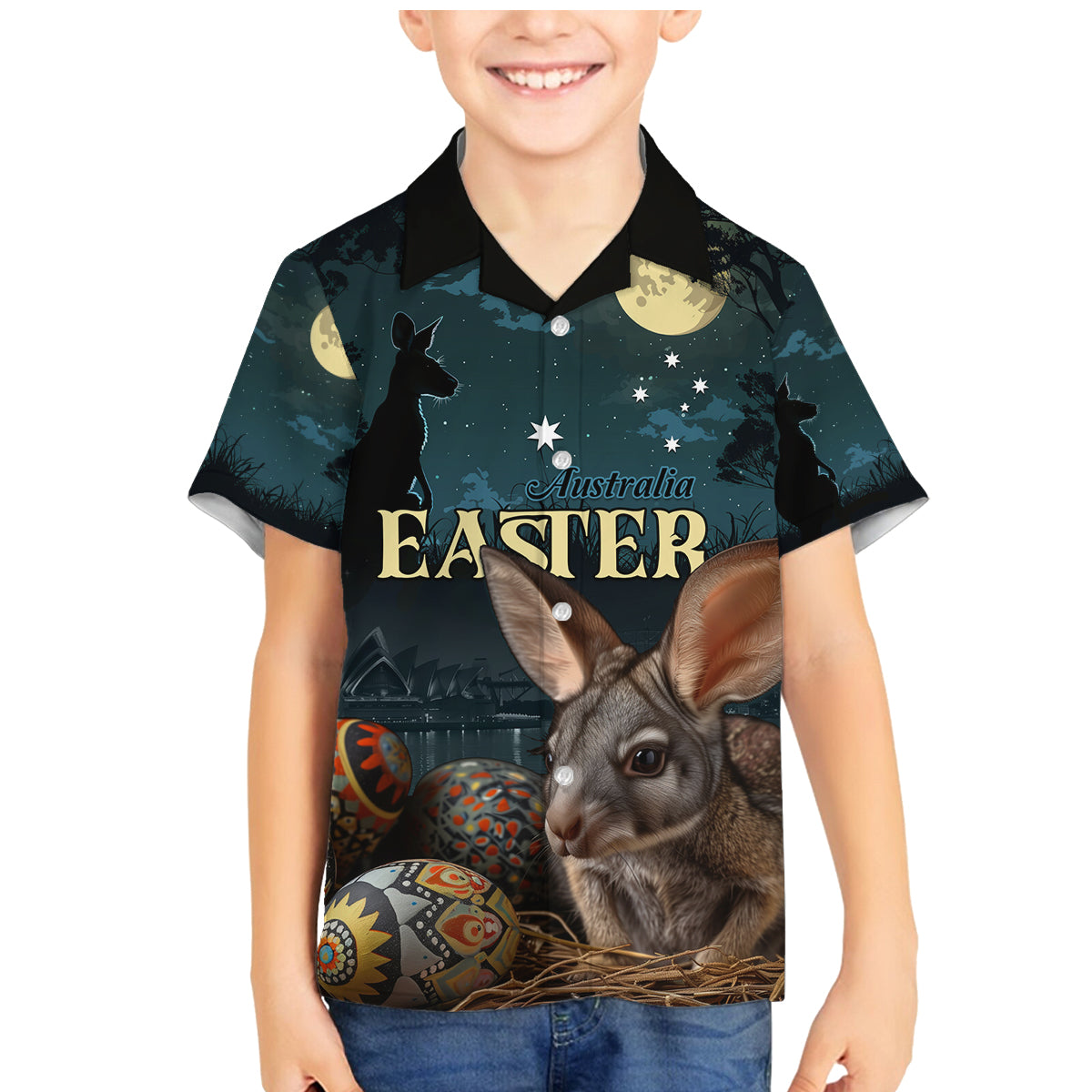 Australia Easter 2024 Family Matching Mermaid Dress and Hawaiian Shirt Bunny With Aboriginal Eggs At Starry Night - Wonder Print Shop