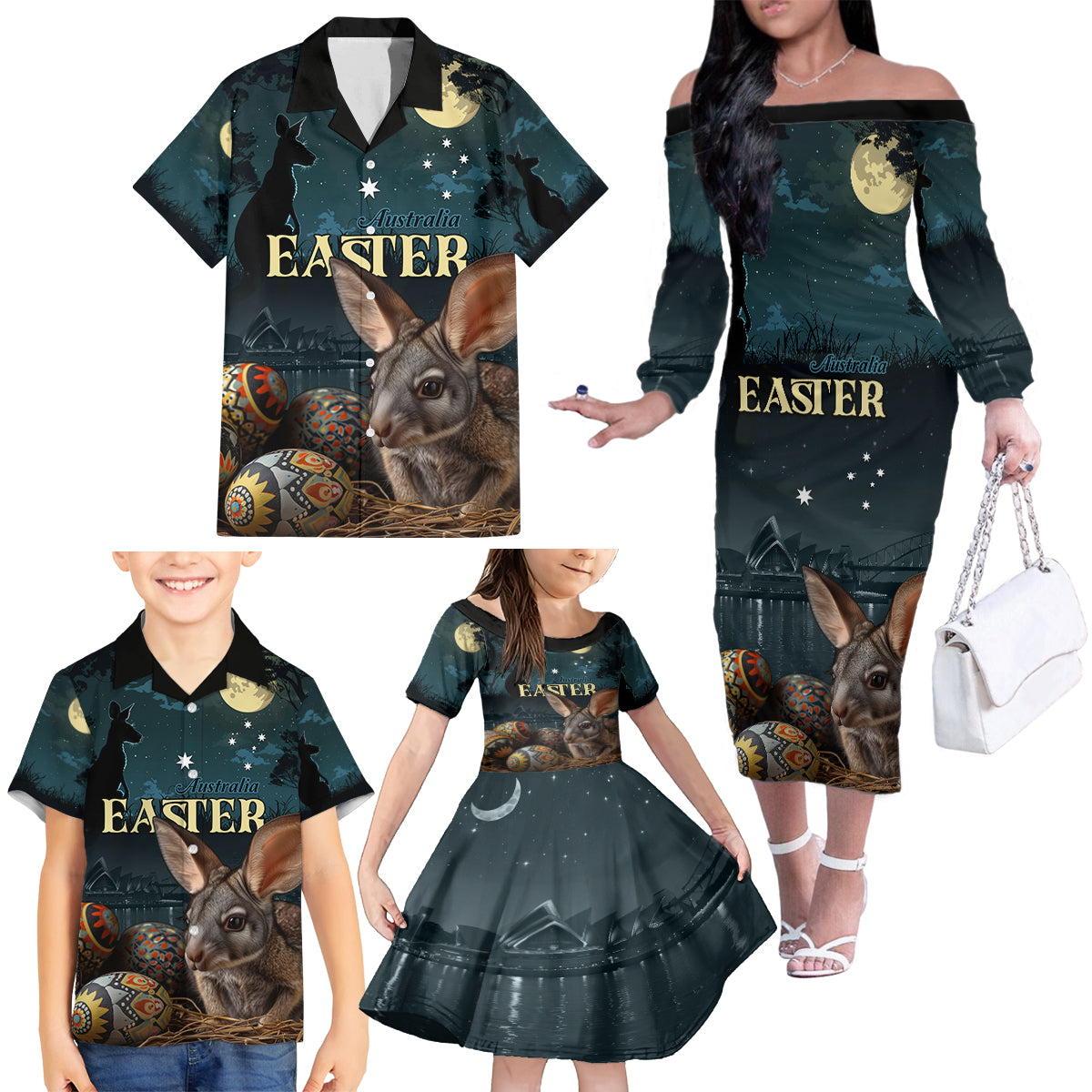 Australia Easter 2024 Family Matching Off The Shoulder Long Sleeve Dress and Hawaiian Shirt Bunny With Aboriginal Eggs At Starry Night - Wonder Print Shop