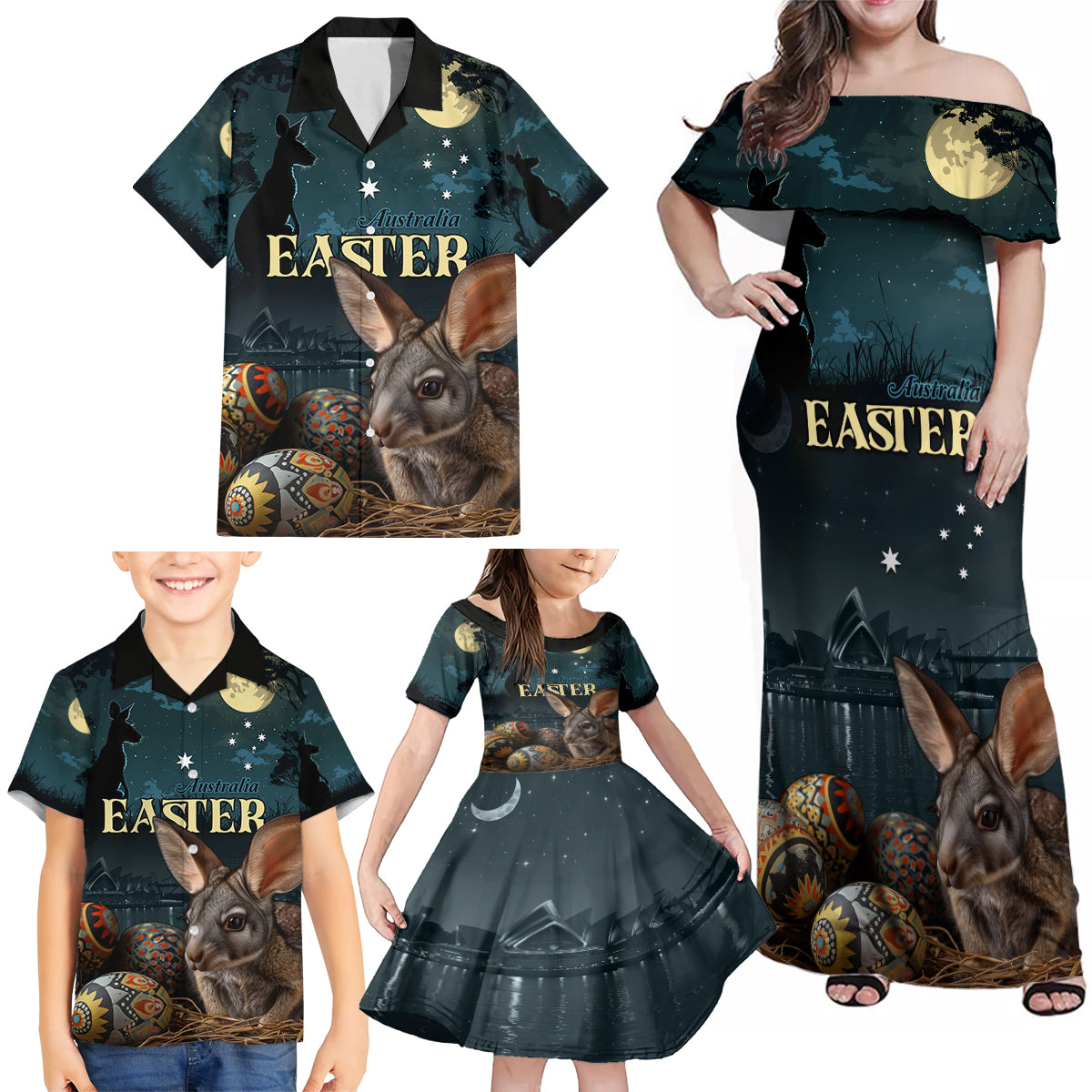 Australia Easter 2024 Family Matching Off Shoulder Maxi Dress and Hawaiian Shirt Bunny With Aboriginal Eggs At Starry Night - Wonder Print Shop