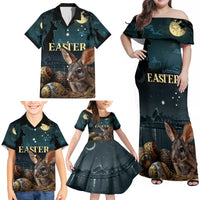 Australia Easter 2024 Family Matching Off Shoulder Maxi Dress and Hawaiian Shirt Bunny With Aboriginal Eggs At Starry Night - Wonder Print Shop