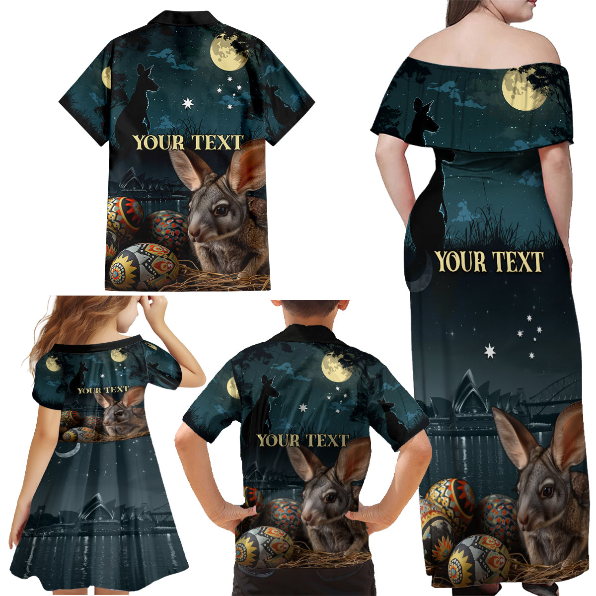 Australia Easter 2024 Family Matching Off Shoulder Maxi Dress and Hawaiian Shirt Bunny With Aboriginal Eggs At Starry Night - Wonder Print Shop