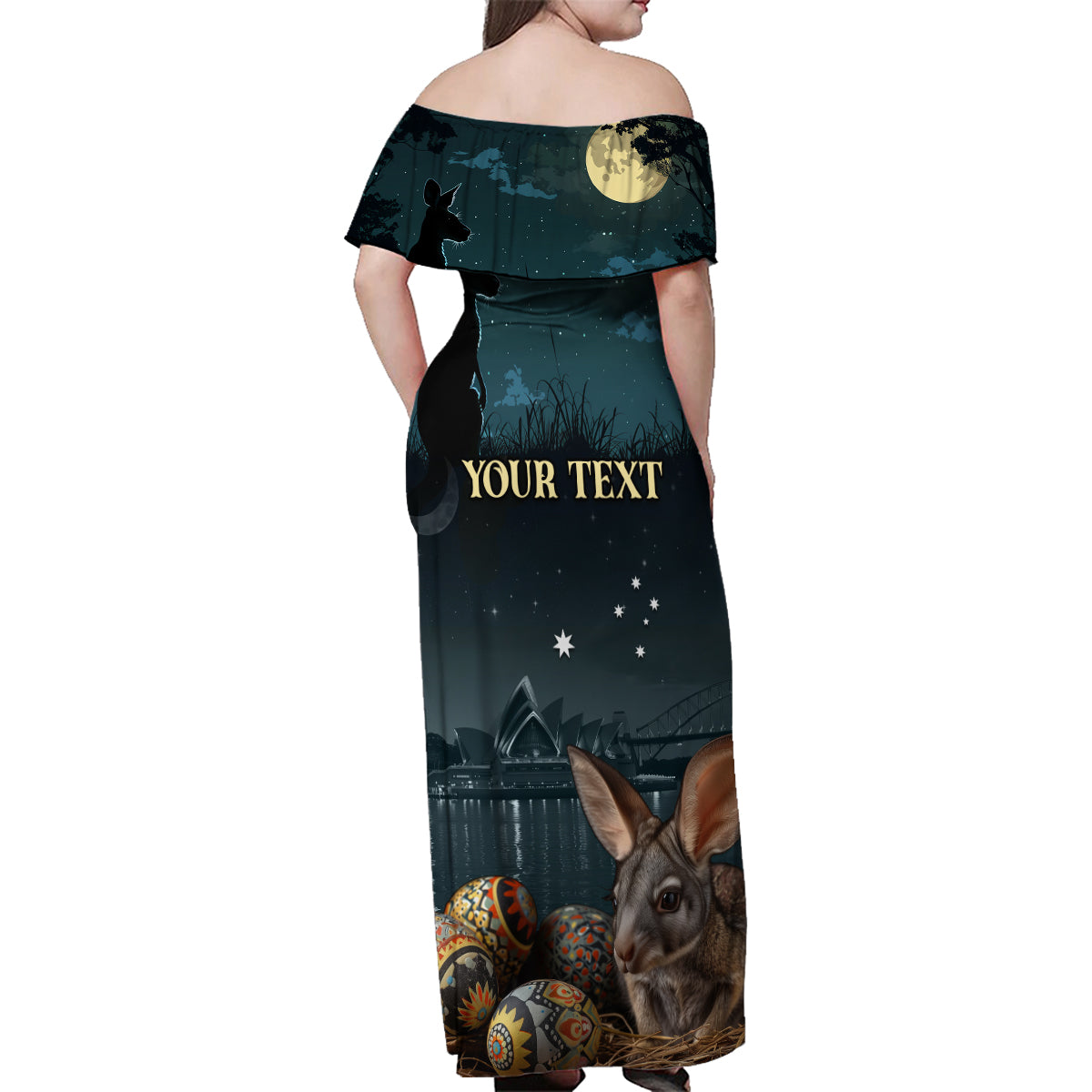 Australia Easter 2024 Family Matching Off Shoulder Maxi Dress and Hawaiian Shirt Bunny With Aboriginal Eggs At Starry Night - Wonder Print Shop