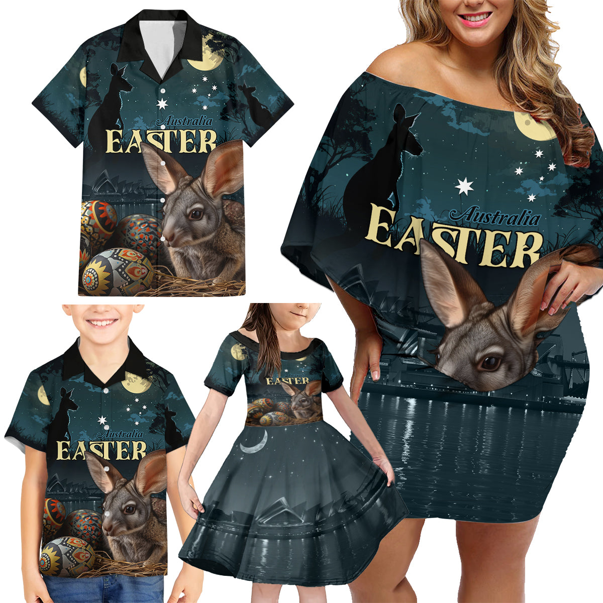 Australia Easter 2024 Family Matching Off Shoulder Short Dress and Hawaiian Shirt Bunny With Aboriginal Eggs At Starry Night - Wonder Print Shop