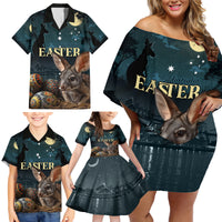 Australia Easter 2024 Family Matching Off Shoulder Short Dress and Hawaiian Shirt Bunny With Aboriginal Eggs At Starry Night - Wonder Print Shop