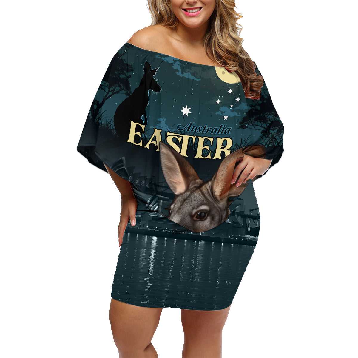 Australia Easter 2024 Family Matching Off Shoulder Short Dress and Hawaiian Shirt Bunny With Aboriginal Eggs At Starry Night - Wonder Print Shop