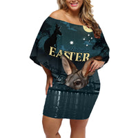 Australia Easter 2024 Family Matching Off Shoulder Short Dress and Hawaiian Shirt Bunny With Aboriginal Eggs At Starry Night - Wonder Print Shop