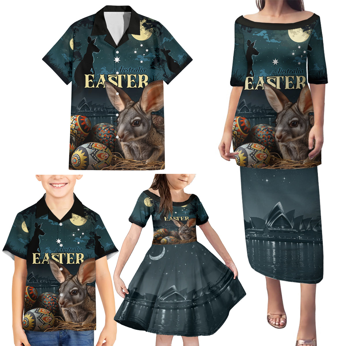 Australia Easter 2024 Family Matching Puletasi and Hawaiian Shirt Bunny With Aboriginal Eggs At Starry Night - Wonder Print Shop