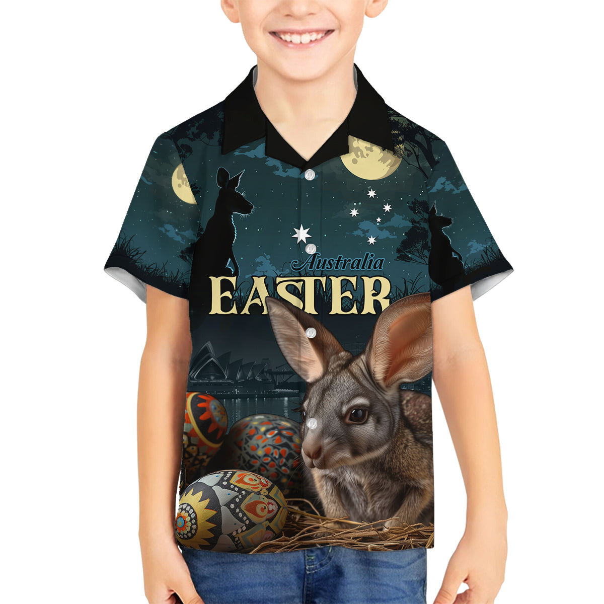 Australia Easter 2024 Family Matching Puletasi and Hawaiian Shirt Bunny With Aboriginal Eggs At Starry Night - Wonder Print Shop