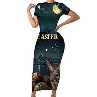 Australia Easter 2024 Family Matching Short Sleeve Bodycon Dress and Hawaiian Shirt Bunny With Aboriginal Eggs At Starry Night - Wonder Print Shop
