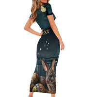 Australia Easter 2024 Family Matching Short Sleeve Bodycon Dress and Hawaiian Shirt Bunny With Aboriginal Eggs At Starry Night - Wonder Print Shop