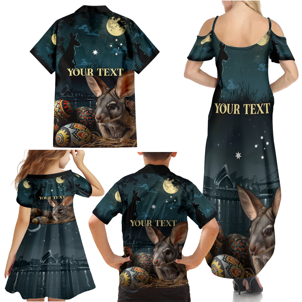 Australia Easter 2024 Family Matching Summer Maxi Dress and Hawaiian Shirt Bunny With Aboriginal Eggs At Starry Night - Wonder Print Shop