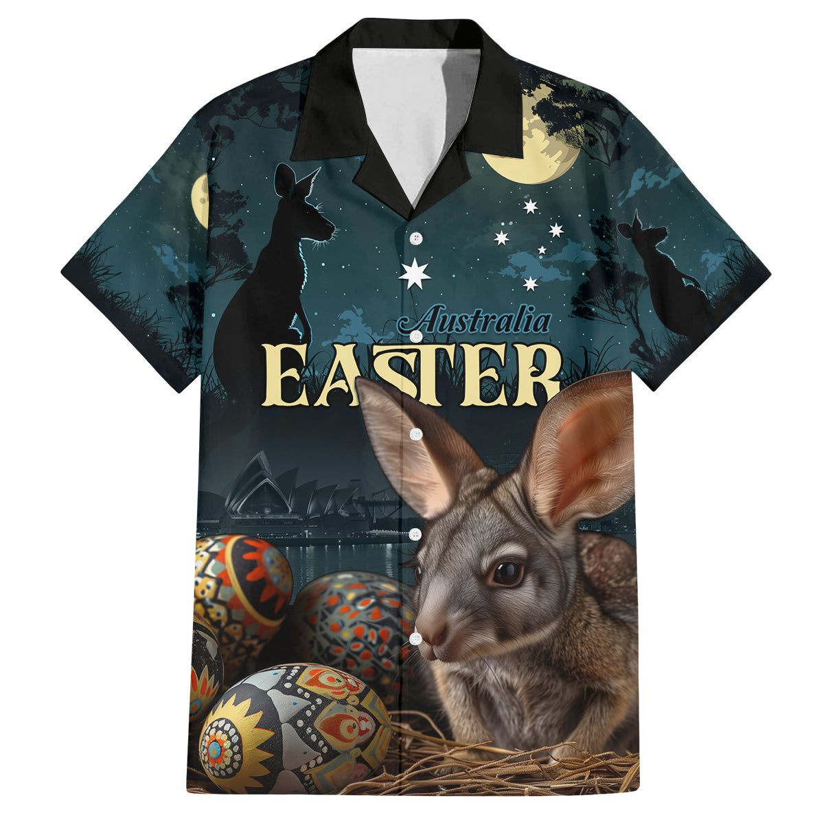 Australia Easter 2024 Family Matching Summer Maxi Dress and Hawaiian Shirt Bunny With Aboriginal Eggs At Starry Night - Wonder Print Shop