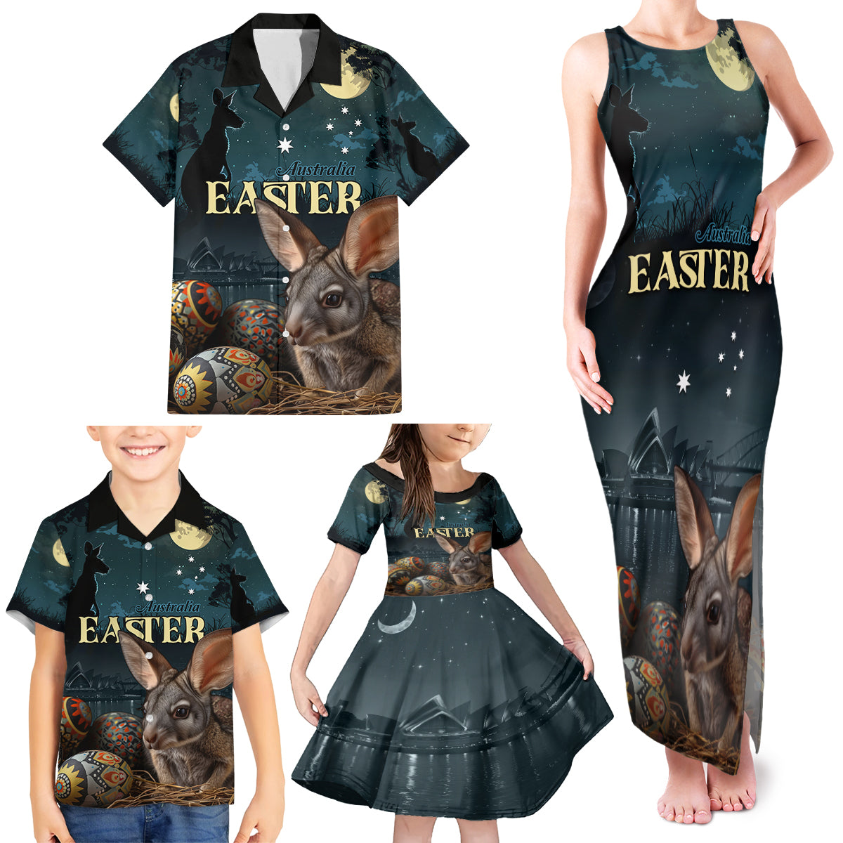 Australia Easter 2024 Family Matching Tank Maxi Dress and Hawaiian Shirt Bunny With Aboriginal Eggs At Starry Night - Wonder Print Shop