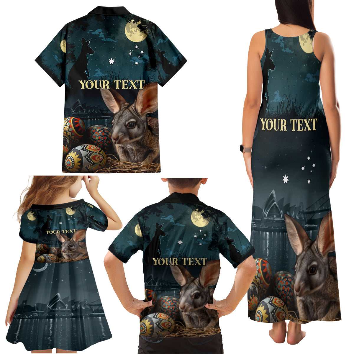 Australia Easter 2024 Family Matching Tank Maxi Dress and Hawaiian Shirt Bunny With Aboriginal Eggs At Starry Night - Wonder Print Shop