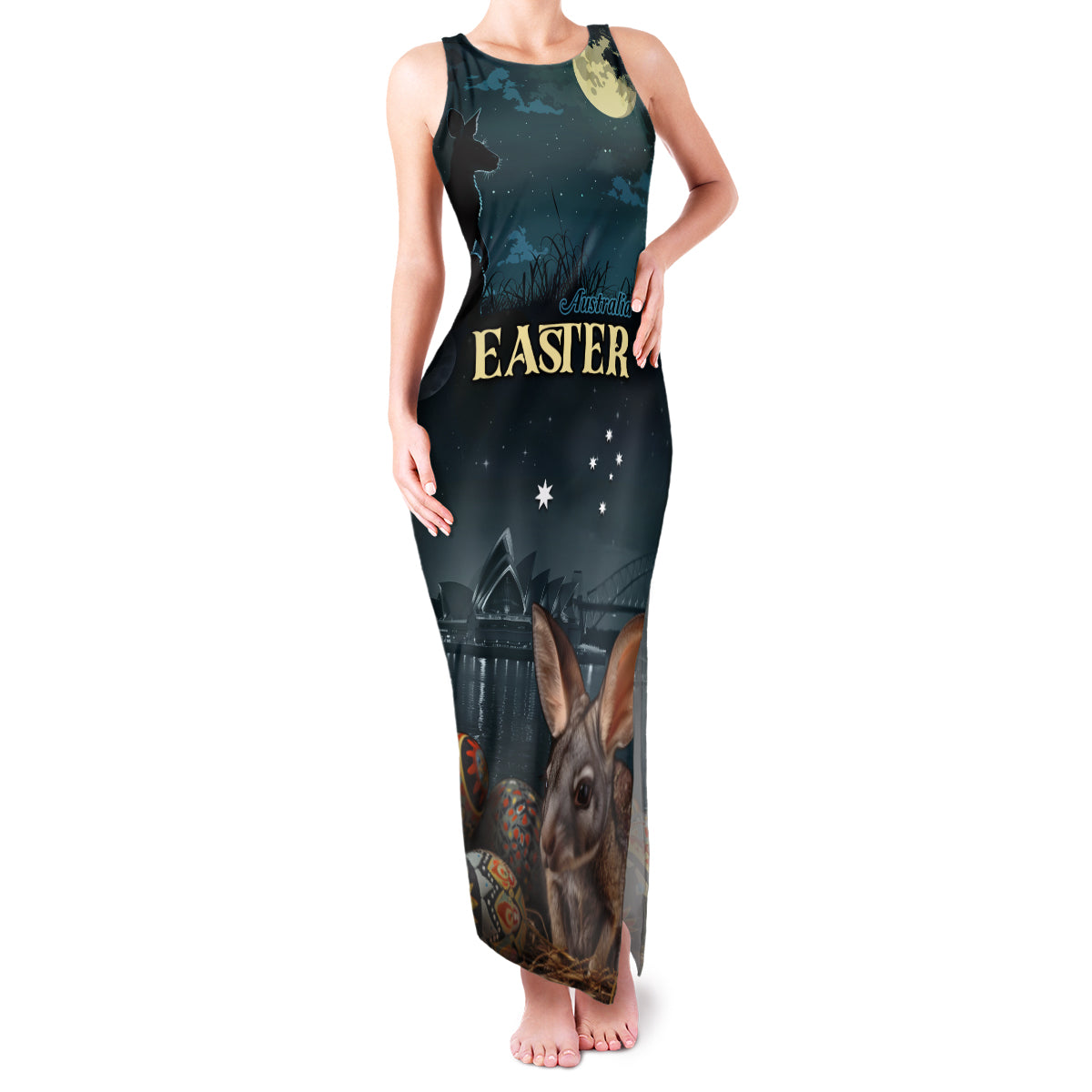 Australia Easter 2024 Family Matching Tank Maxi Dress and Hawaiian Shirt Bunny With Aboriginal Eggs At Starry Night - Wonder Print Shop
