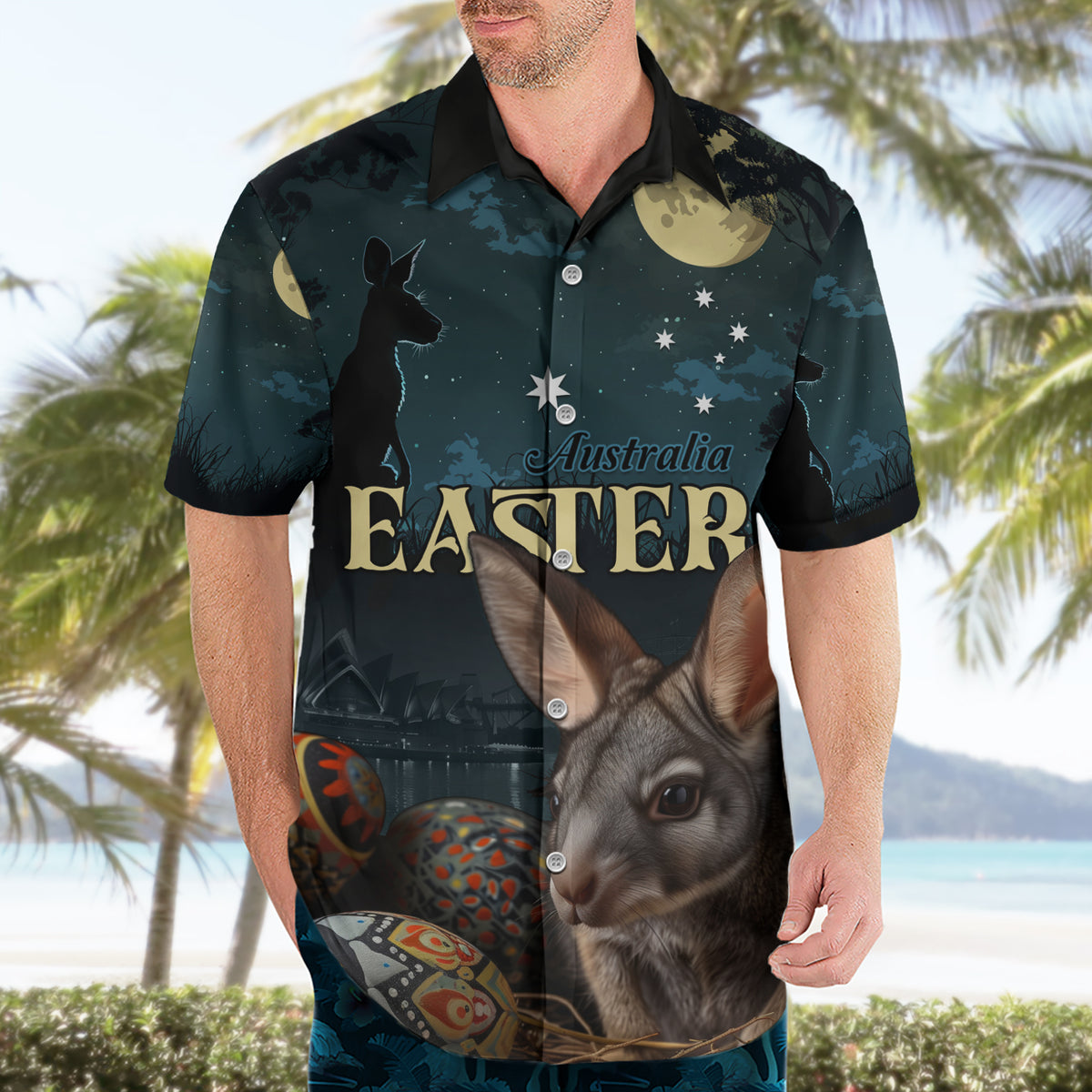 Australia Easter 2024 Hawaiian Shirt Bunny With Aboriginal Eggs At Starry Night - Wonder Print Shop