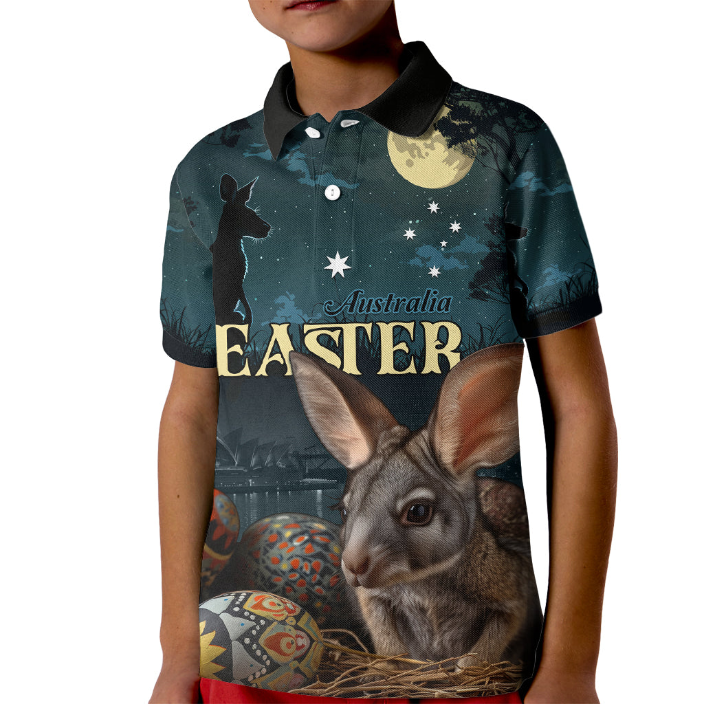 Australia Easter 2024 Kid Polo Shirt Bunny With Aboriginal Eggs At Starry Night - Wonder Print Shop