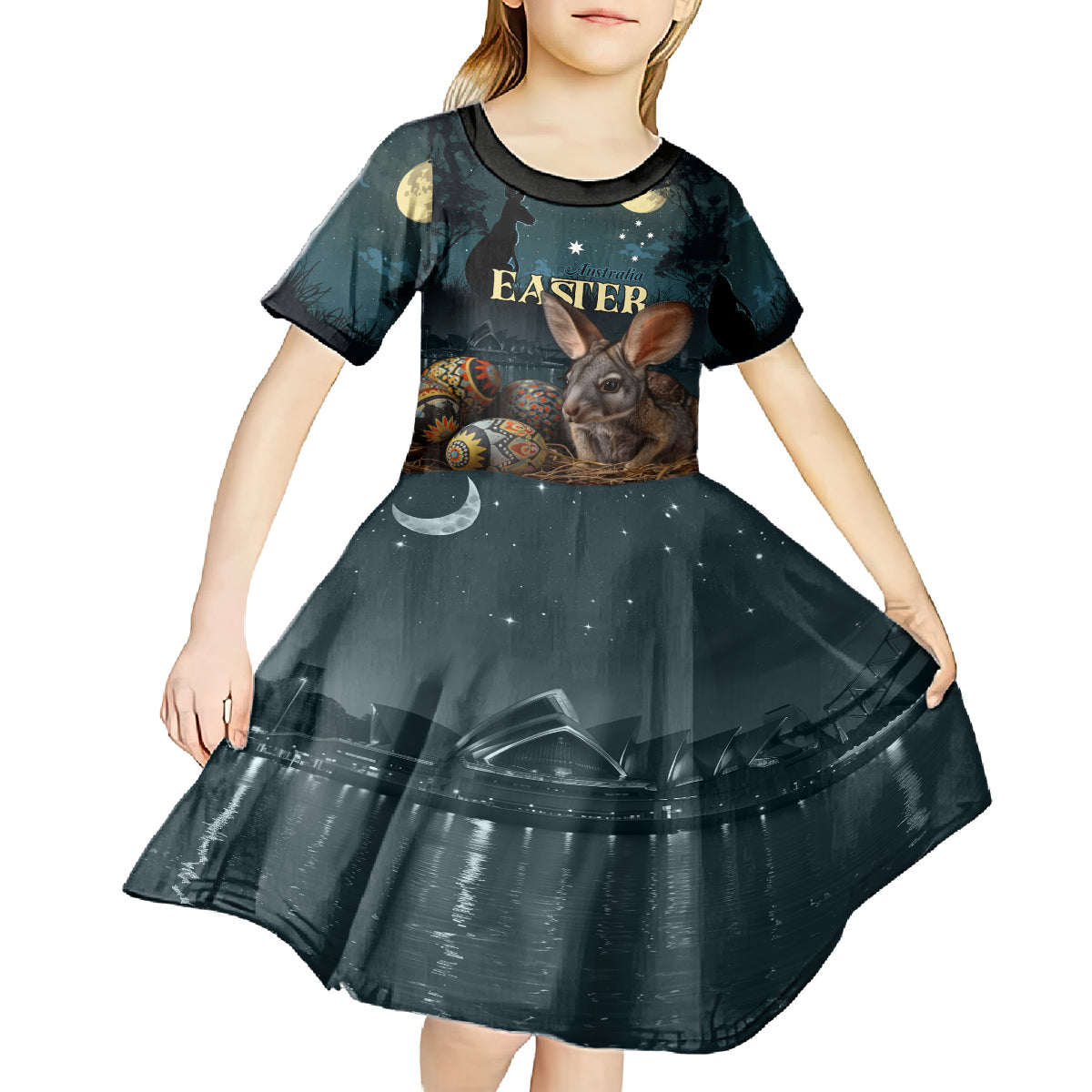 Australia Easter 2024 Kid Short Sleeve Dress Bunny With Aboriginal Eggs At Starry Night - Wonder Print Shop