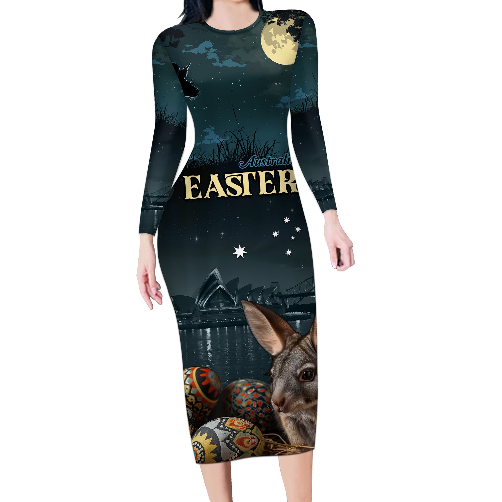 Australia Easter 2024 Long Sleeve Bodycon Dress Bunny With Aboriginal Eggs At Starry Night - Wonder Print Shop