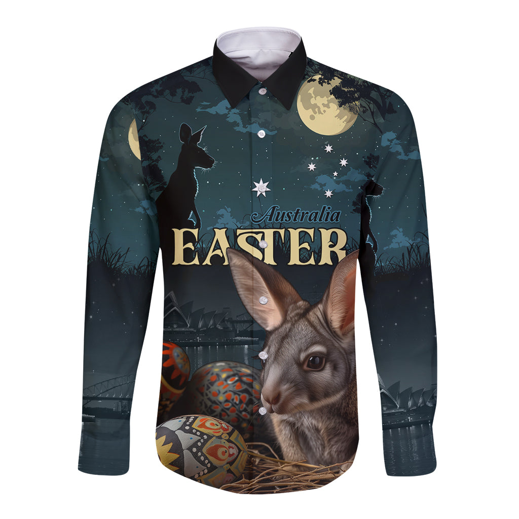 Australia Easter 2024 Long Sleeve Button Shirt Bunny With Aboriginal Eggs At Starry Night - Wonder Print Shop