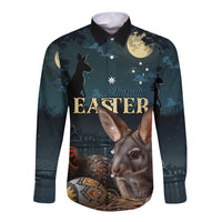 Australia Easter 2024 Long Sleeve Button Shirt Bunny With Aboriginal Eggs At Starry Night - Wonder Print Shop