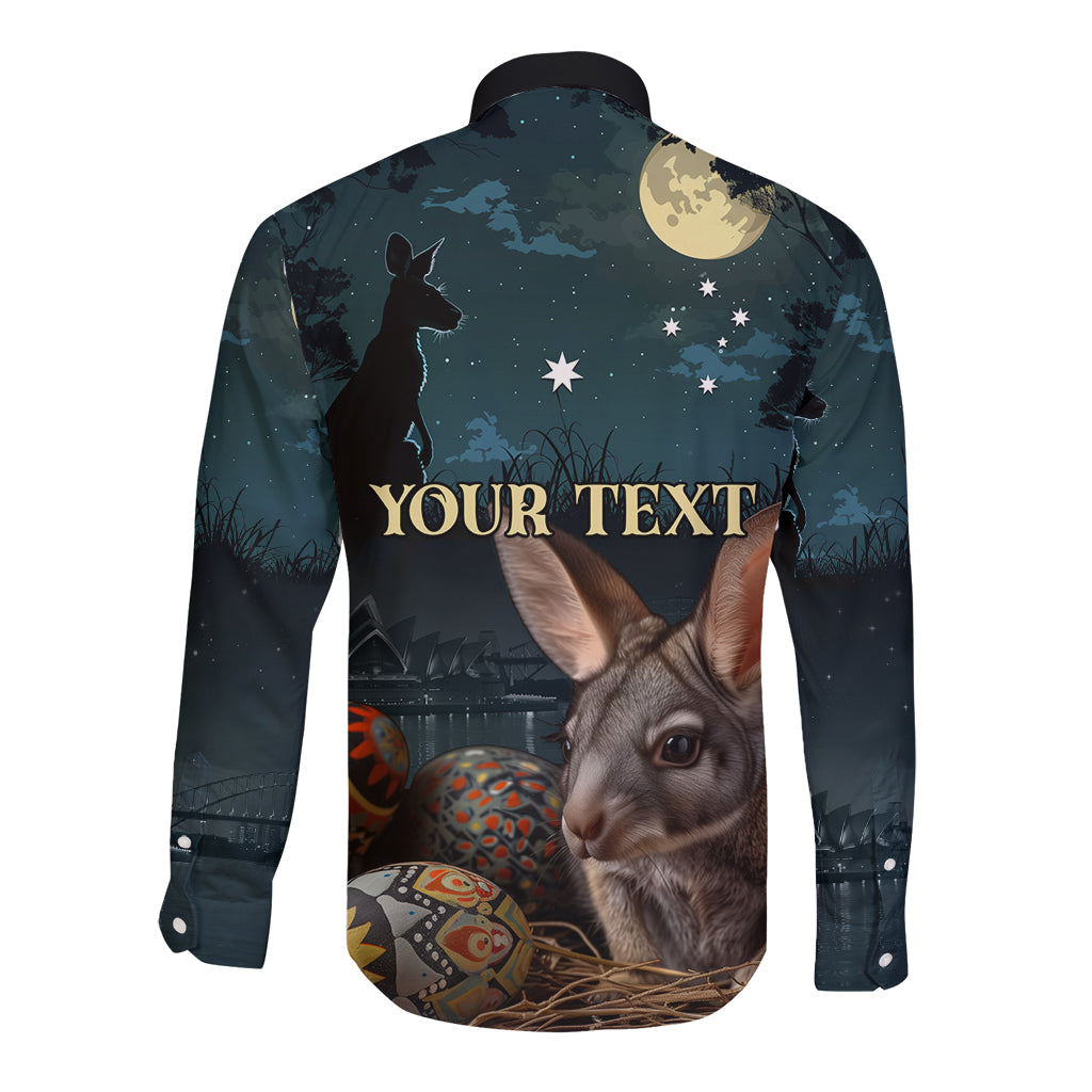 Australia Easter 2024 Long Sleeve Button Shirt Bunny With Aboriginal Eggs At Starry Night - Wonder Print Shop