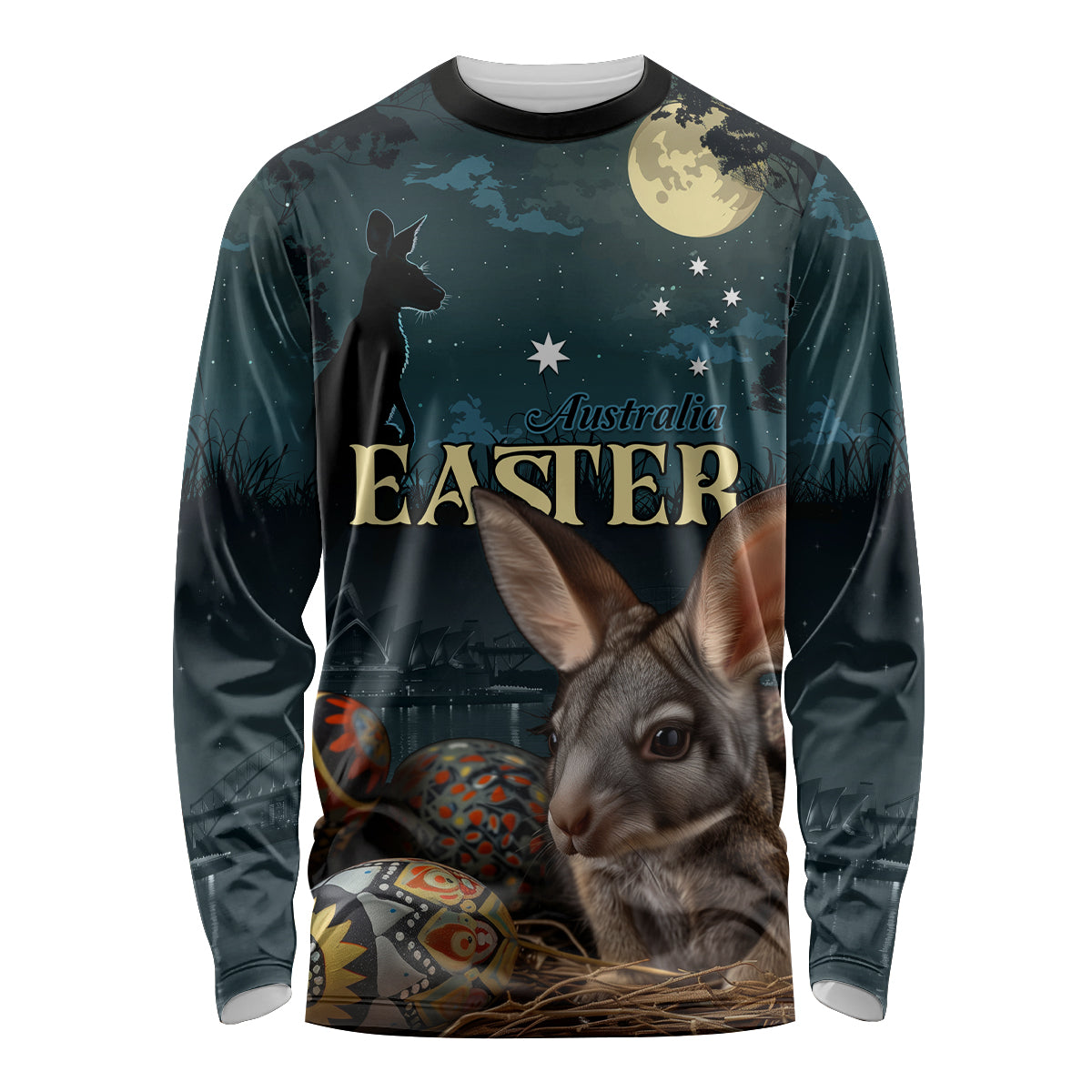 Australia Easter 2024 Long Sleeve Shirt Bunny With Aboriginal Eggs At Starry Night - Wonder Print Shop