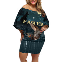 Australia Easter 2024 Off Shoulder Short Dress Bunny With Aboriginal Eggs At Starry Night - Wonder Print Shop