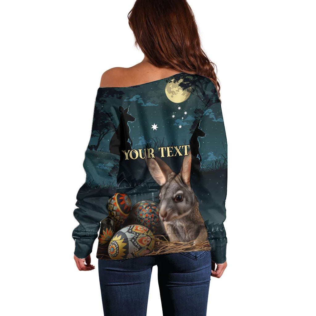 Australia Easter 2024 Off Shoulder Sweater Bunny With Aboriginal Eggs At Starry Night - Wonder Print Shop
