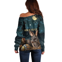 Australia Easter 2024 Off Shoulder Sweater Bunny With Aboriginal Eggs At Starry Night - Wonder Print Shop