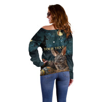 Australia Easter 2024 Off Shoulder Sweater Bunny With Aboriginal Eggs At Starry Night - Wonder Print Shop