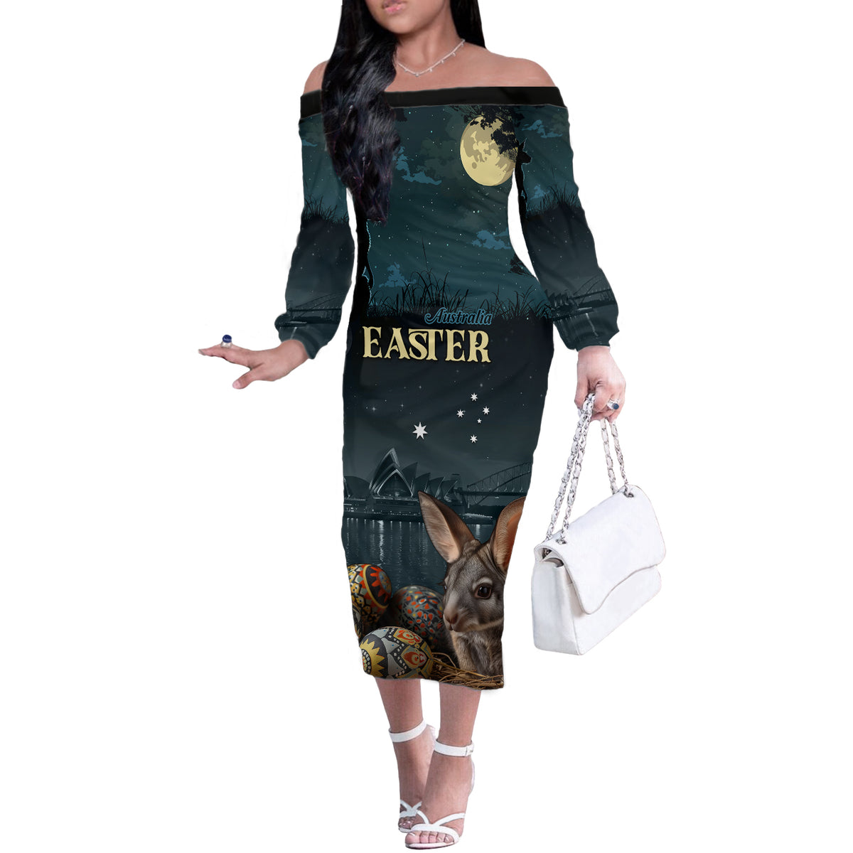 Australia Easter 2024 Off The Shoulder Long Sleeve Dress Bunny With Aboriginal Eggs At Starry Night - Wonder Print Shop