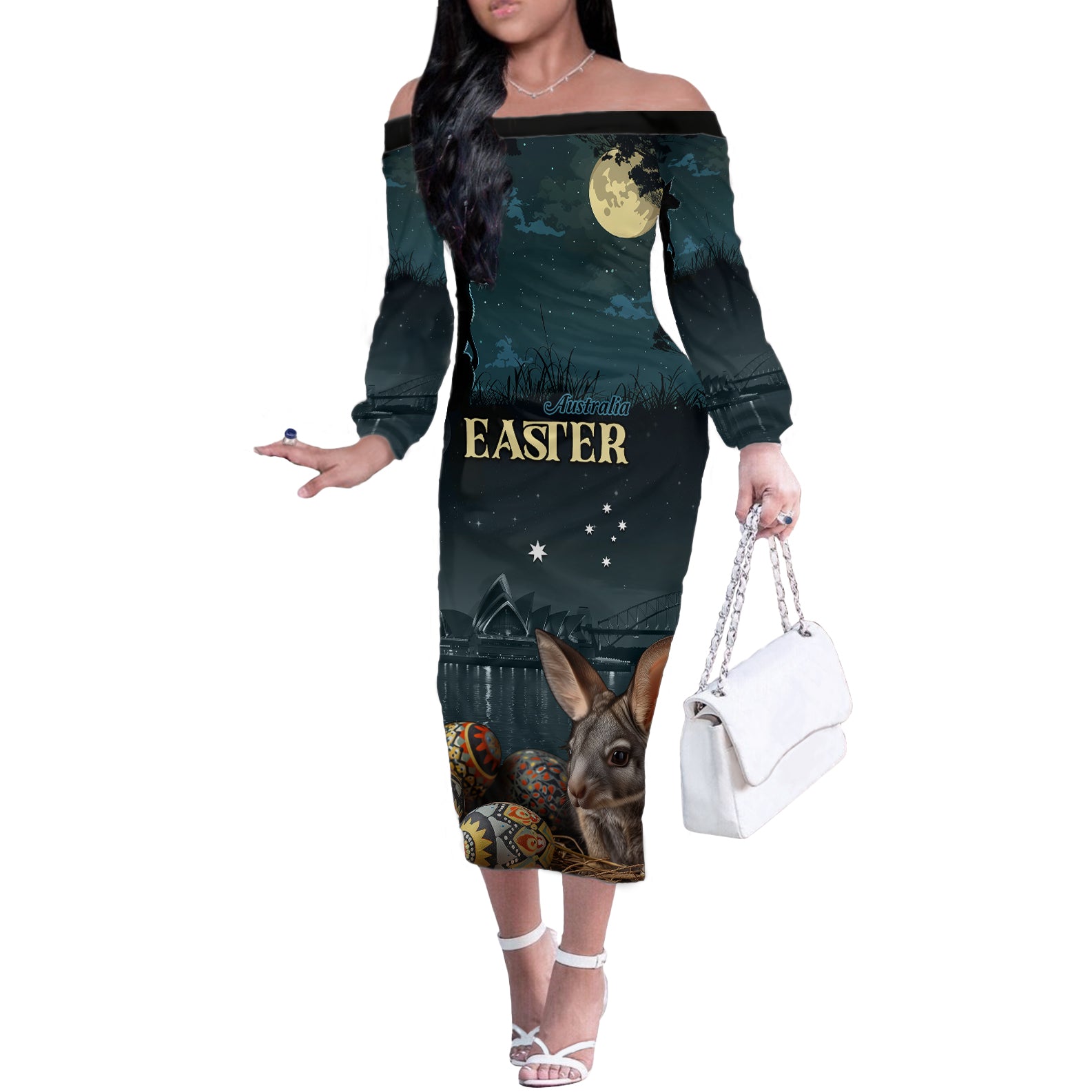 Australia Easter 2024 Off The Shoulder Long Sleeve Dress Bunny With Aboriginal Eggs At Starry Night - Wonder Print Shop