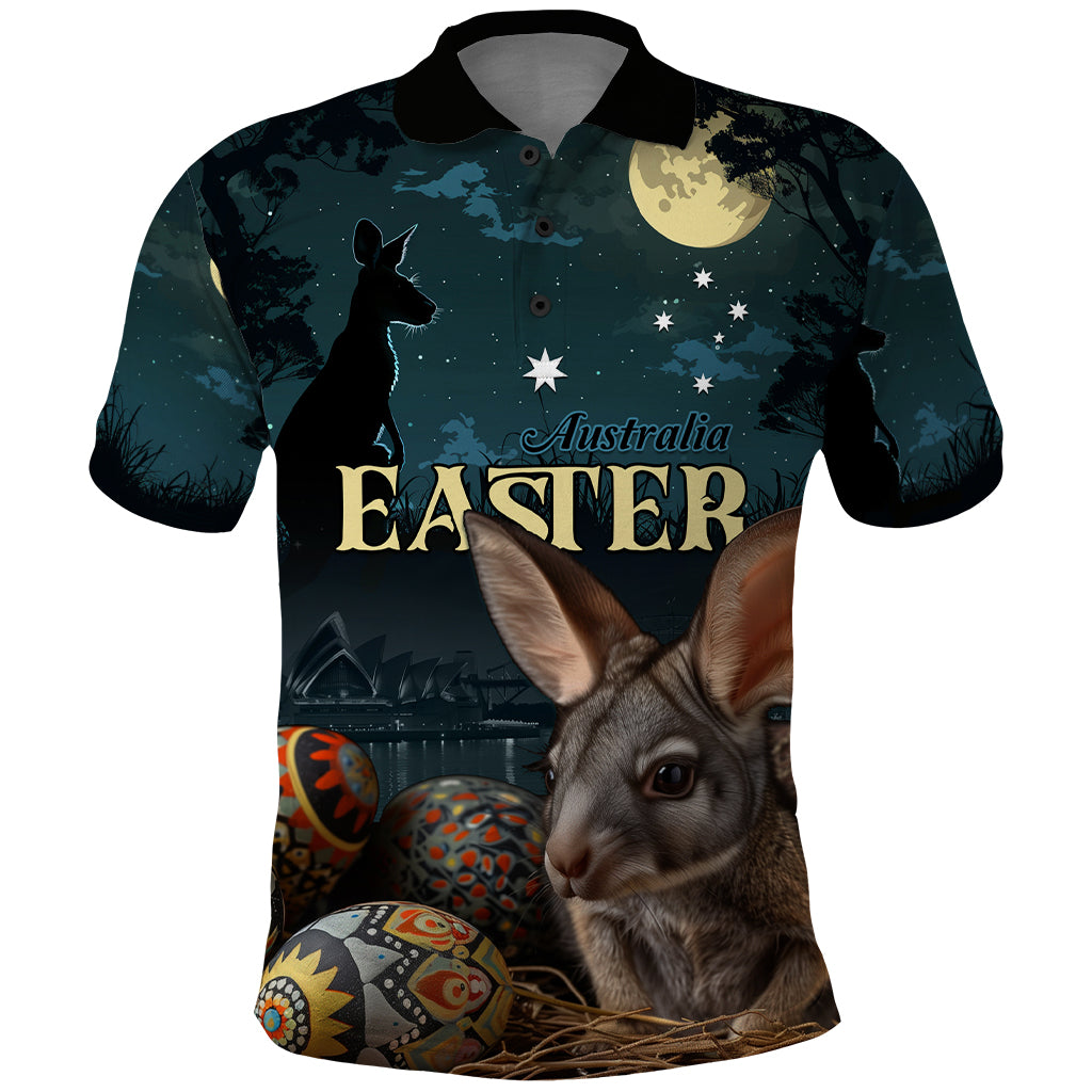 Australia Easter 2024 Polo Shirt Bunny With Aboriginal Eggs At Starry Night - Wonder Print Shop