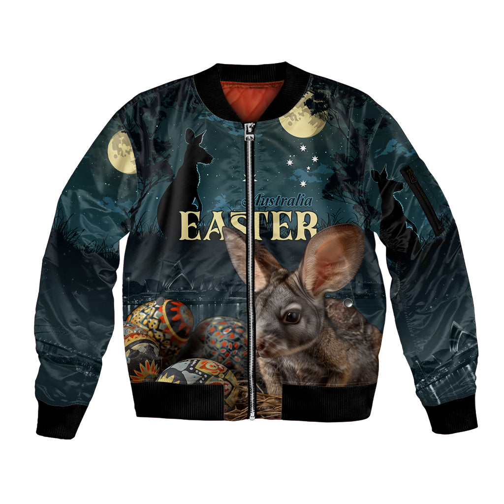 Australia Easter 2024 Sleeve Zip Bomber Jacket Bunny With Aboriginal Eggs At Starry Night - Wonder Print Shop