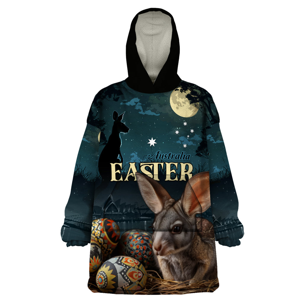 Australia Easter 2024 Wearable Blanket Hoodie Bunny With Aboriginal Eggs At Starry Night - Wonder Print Shop