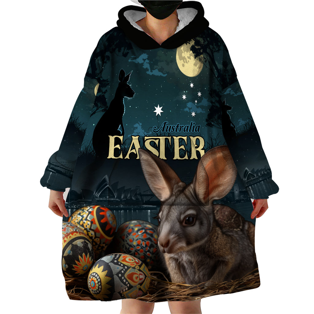 Australia Easter 2024 Wearable Blanket Hoodie Bunny With Aboriginal Eggs At Starry Night - Wonder Print Shop