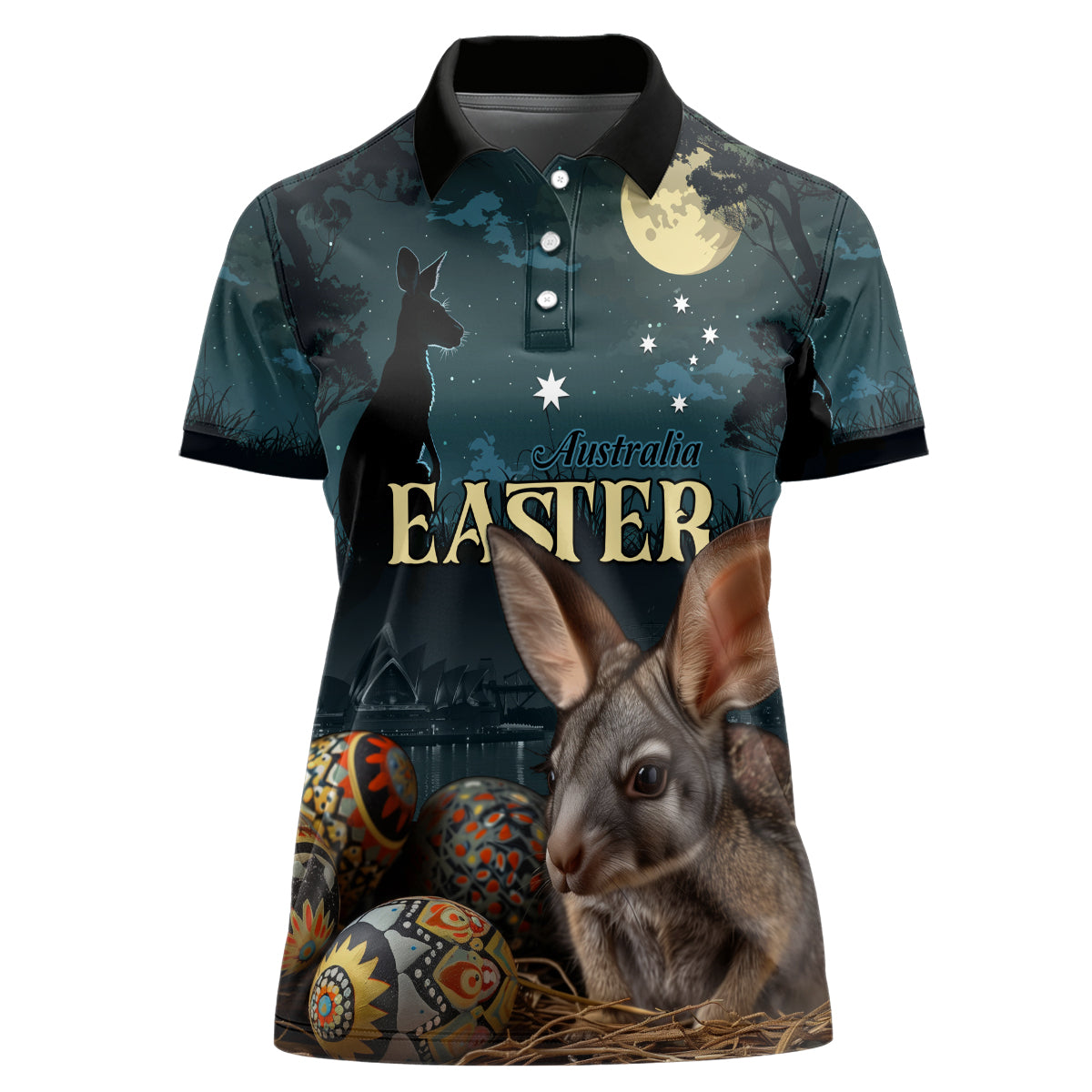 Australia Easter 2024 Women Polo Shirt Bunny With Aboriginal Eggs At Starry Night - Wonder Print Shop
