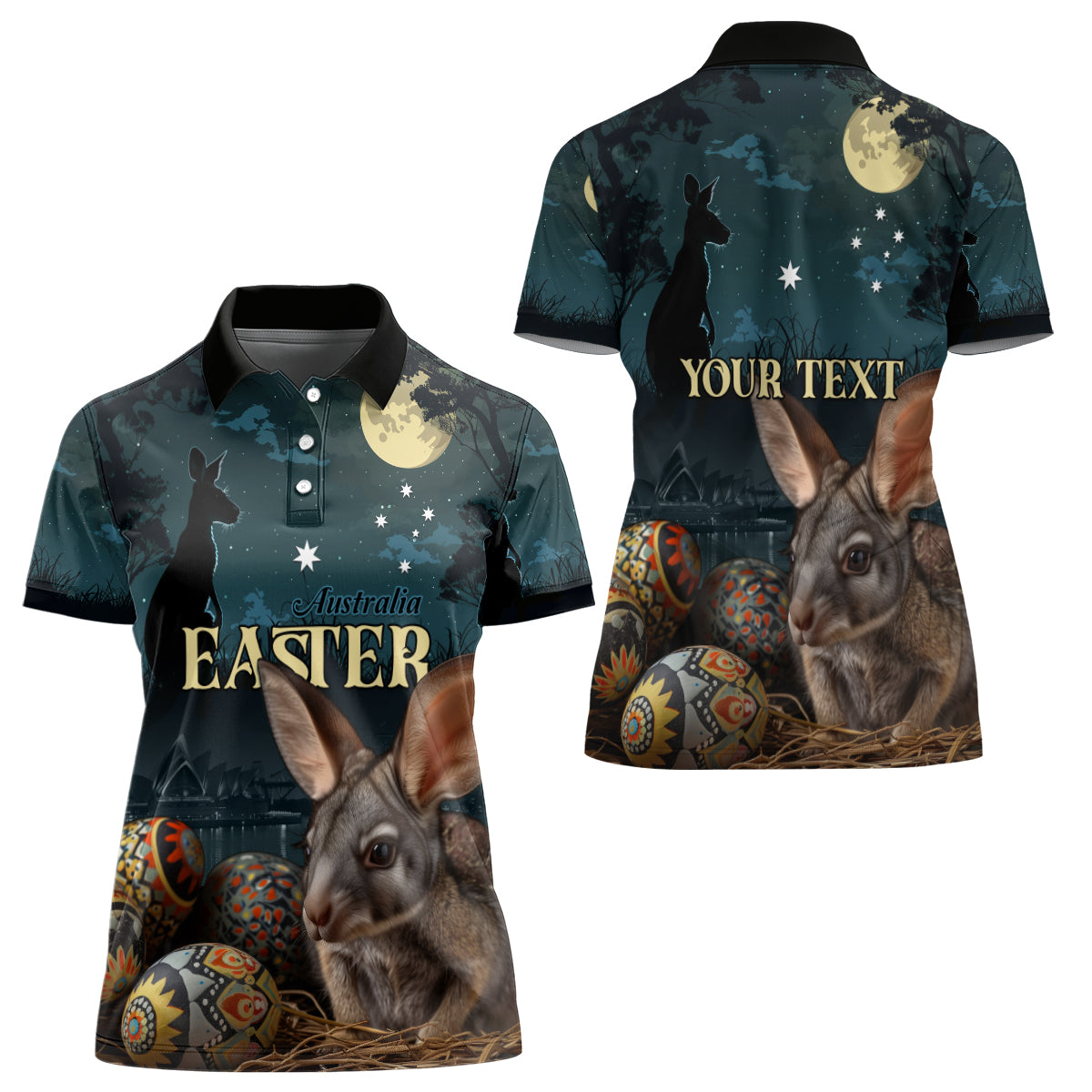 Australia Easter 2024 Women Polo Shirt Bunny With Aboriginal Eggs At Starry Night - Wonder Print Shop