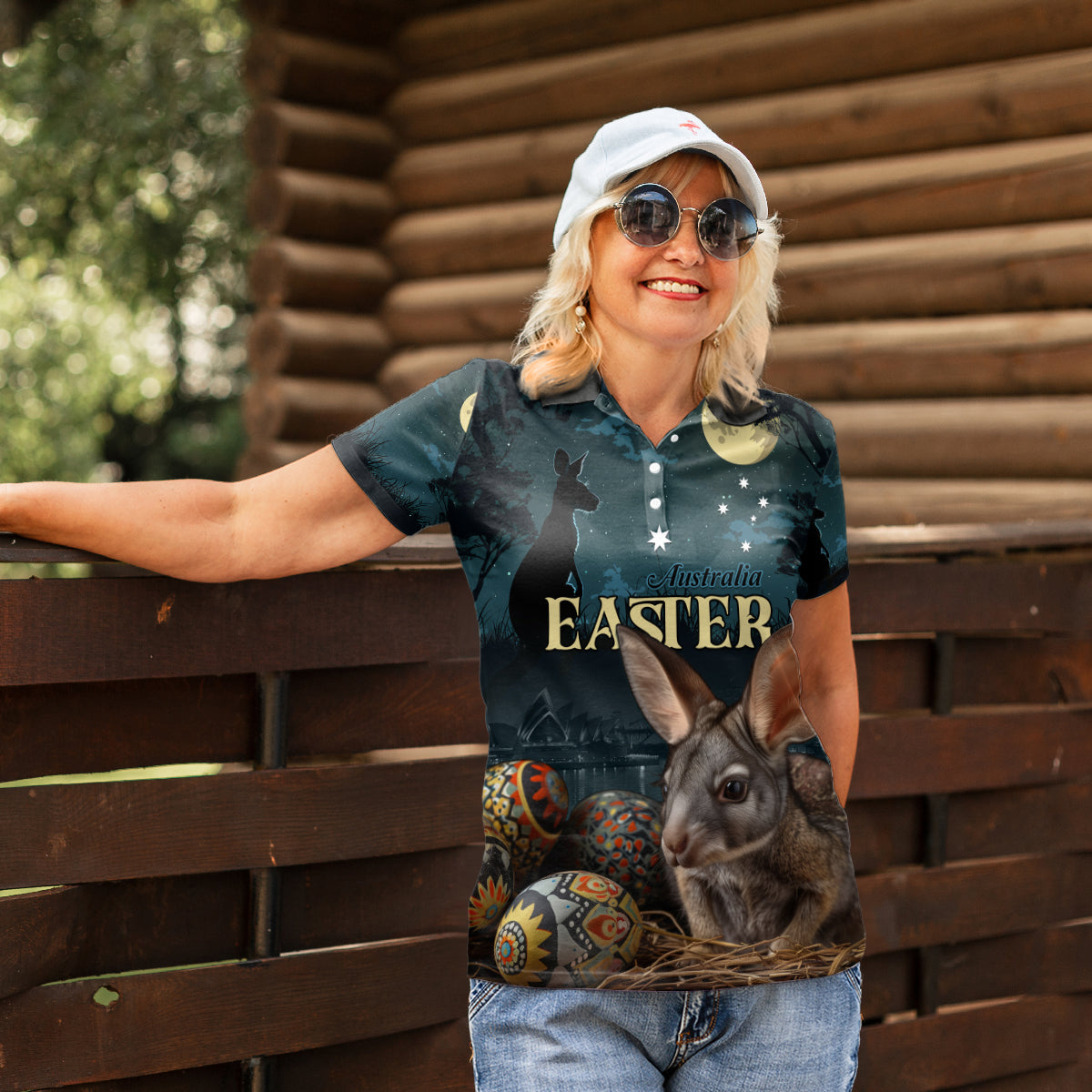 Australia Easter 2024 Women Polo Shirt Bunny With Aboriginal Eggs At Starry Night - Wonder Print Shop