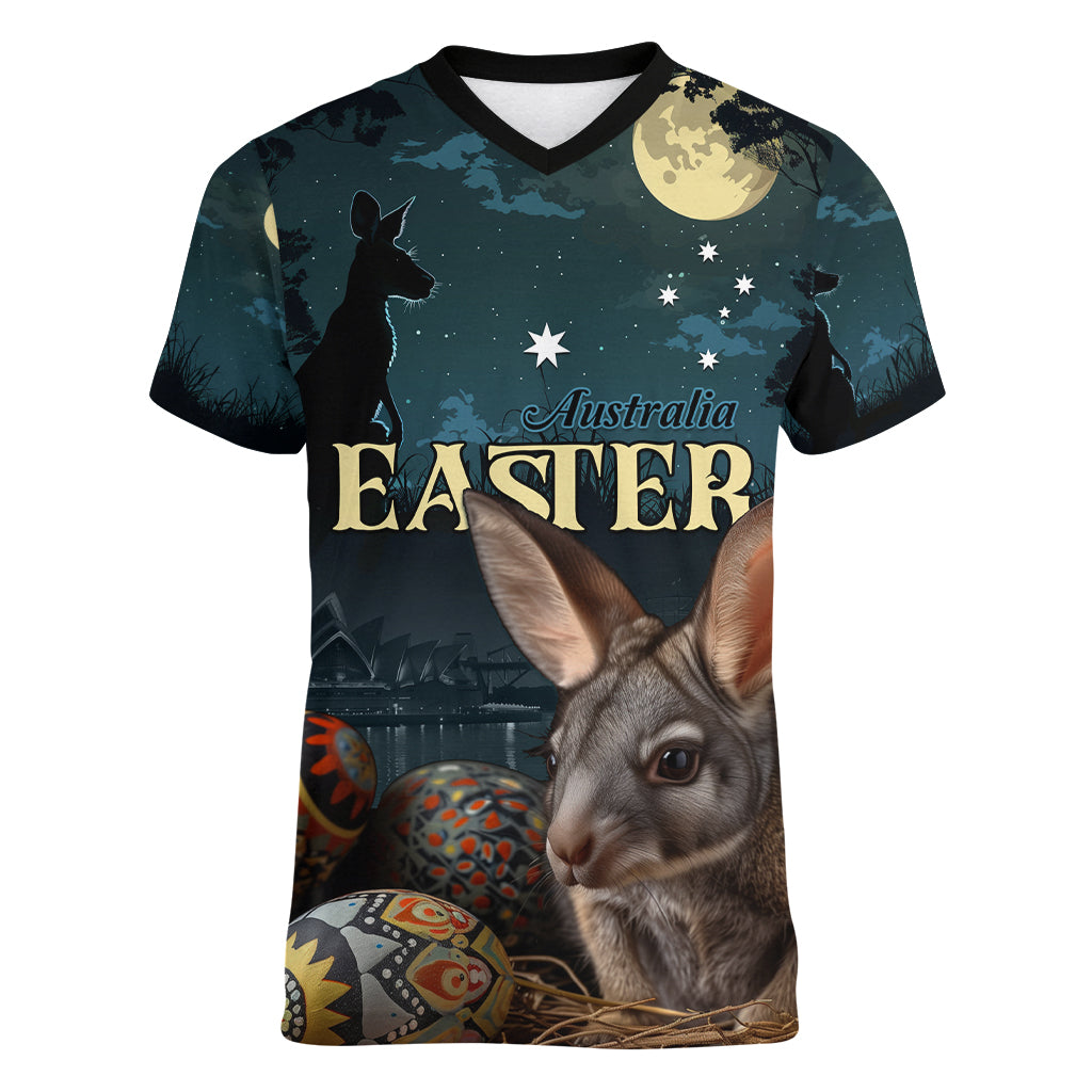 Australia Easter 2024 Women V-Neck T-Shirt Bunny With Aboriginal Eggs At Starry Night - Wonder Print Shop