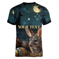 Australia Easter 2024 Women V-Neck T-Shirt Bunny With Aboriginal Eggs At Starry Night - Wonder Print Shop